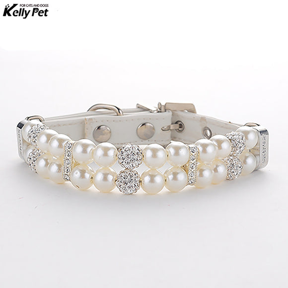 Leather Dog Collar Artificial Pearls Rhinestone Crystal