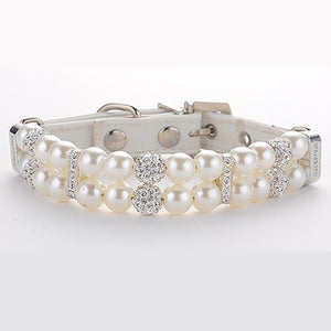 Leather Dog Collar Artificial Pearls Rhinestone Crystal